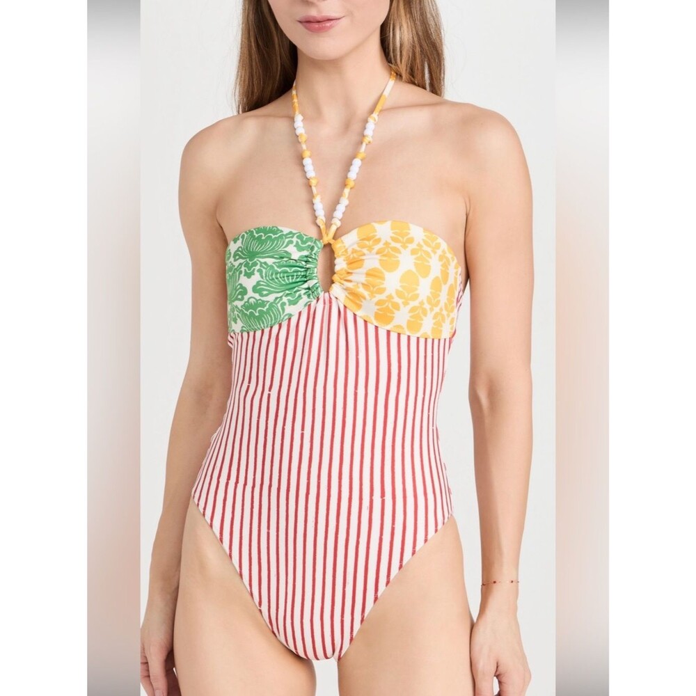 RHODE Kanika One-Piece Swimsuit Multi Colorblock Print Striped Halter XS NEW NWT - Picture 9 of 9